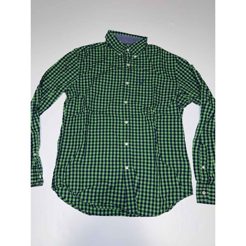 American Eagle Men Small Button Down Shirt Green Blue Check Plaid Classic Cotton